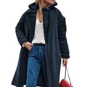 Madewell soft & plush Sherpa Teddy Coat Navy Dark Nightfall Blue pockets & snaps